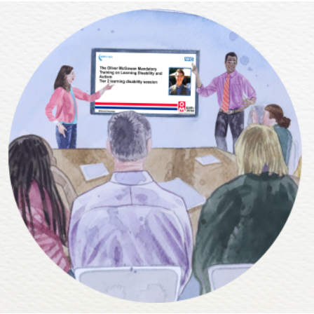 2 tutors in front of a monitor screen and 4 attendees at a table