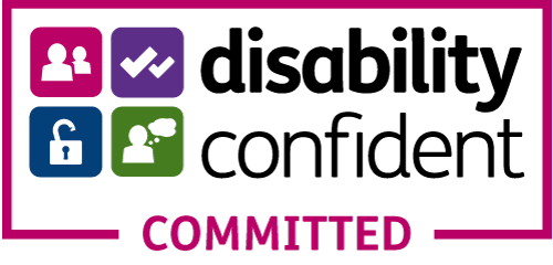 Disability Confident Committed logo with symbols for inclusion and support.