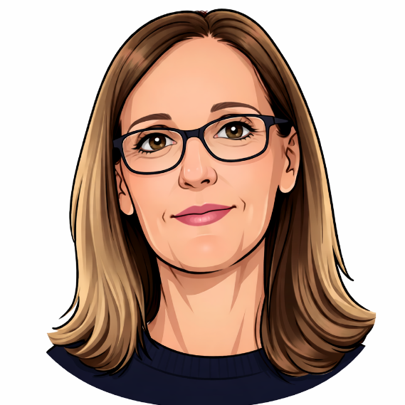 A woman with shoulder-length brown hair and glasses, smiling softly.
